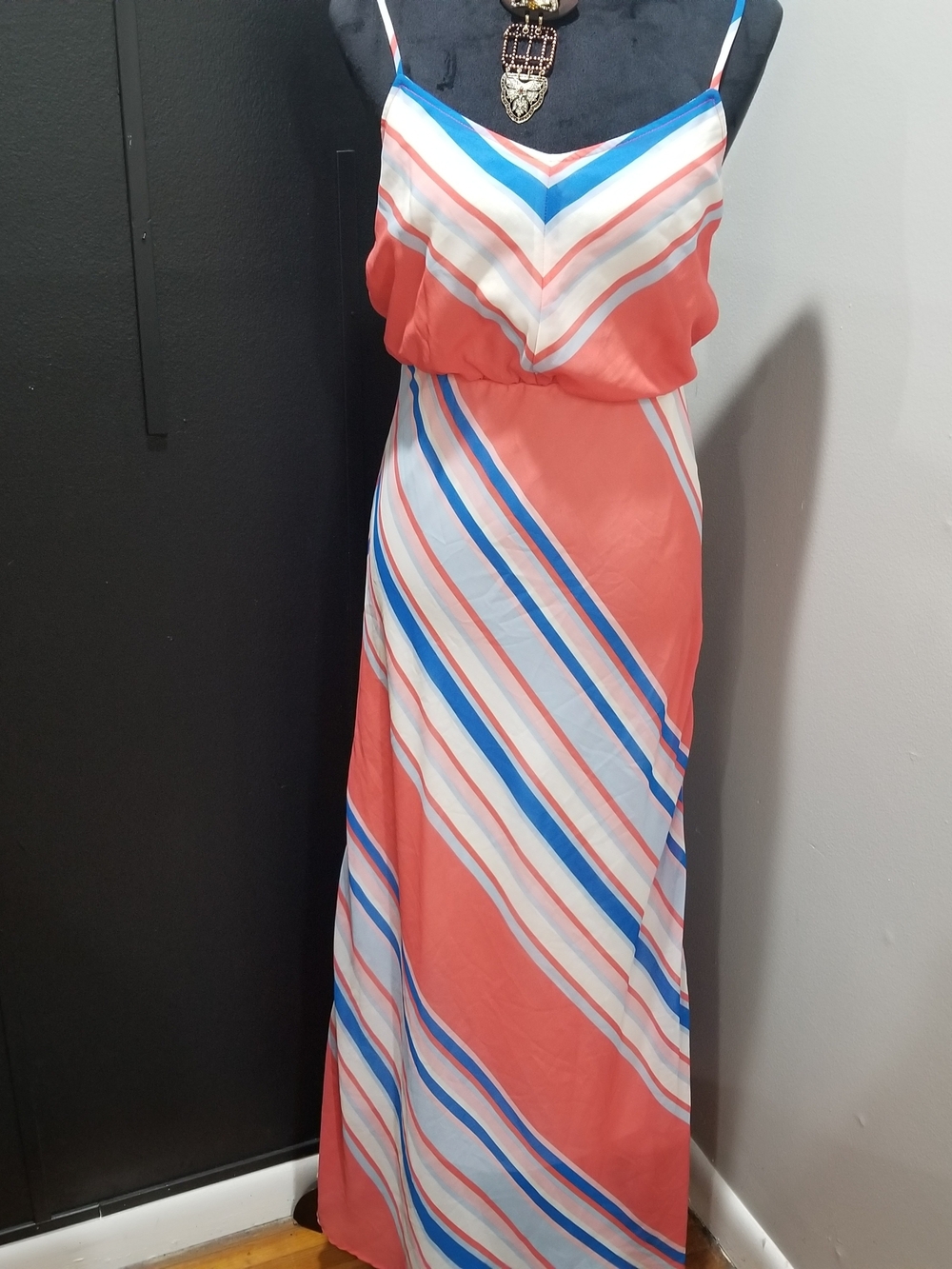 Coral Striped Spaghetti-Strap Maxi Dress